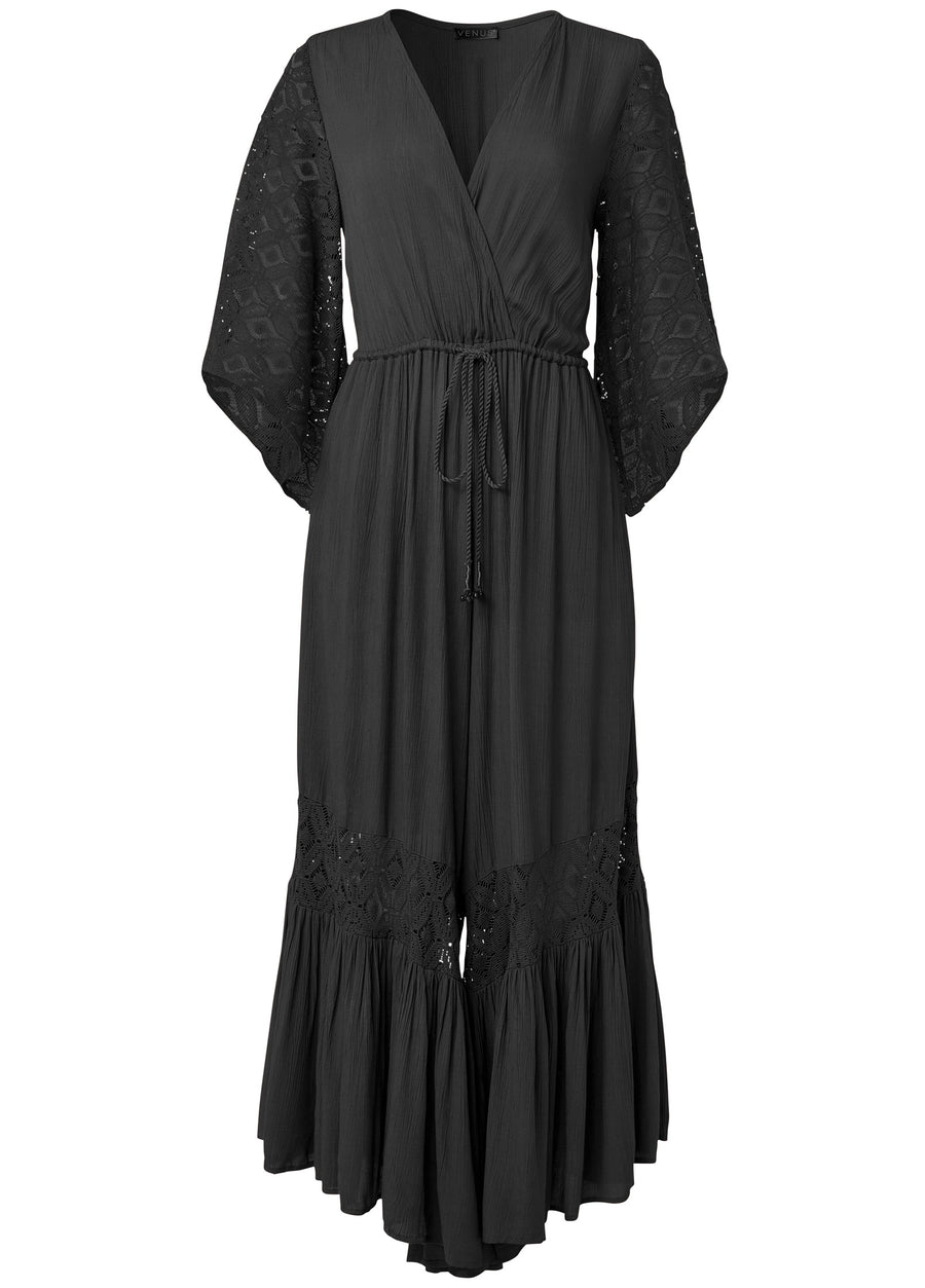 Wide Leg Lace Trim Jumpsuit - Black