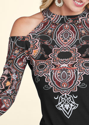 Paisley Cold-Shoulder Top - Black Multi - thumbnail-4