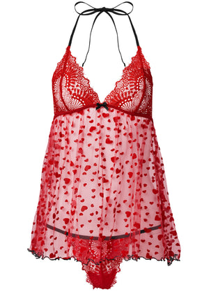 Heart Print Babydoll Set - Red - thumbnail-5