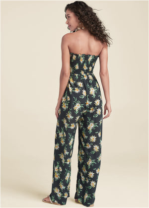 Floral Strapless Jumpsuit - Black & Yellow - thumbnail-2