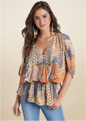 Printed Faux-Wrap Top - Orange Multi - thumbnail-6