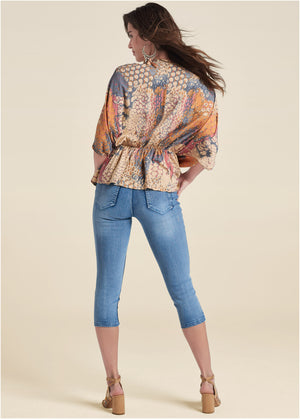 Printed Faux-Wrap Top - Orange Multi - thumbnail-2