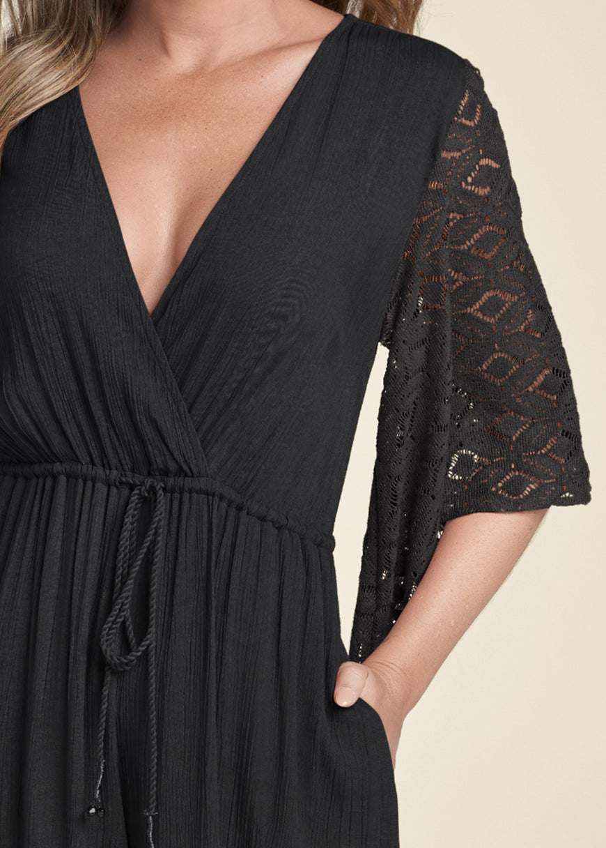 Wide Leg Lace Trim Jumpsuit - Black