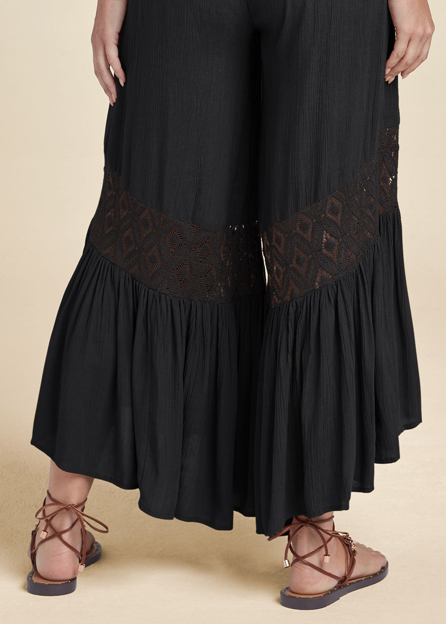 Wide Leg Lace Trim Jumpsuit - Black