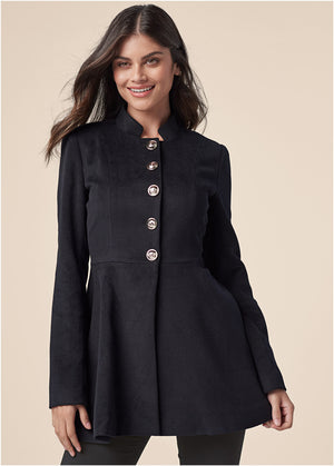 Faux Wool Peplum Peacoat - Black - thumbnail-1