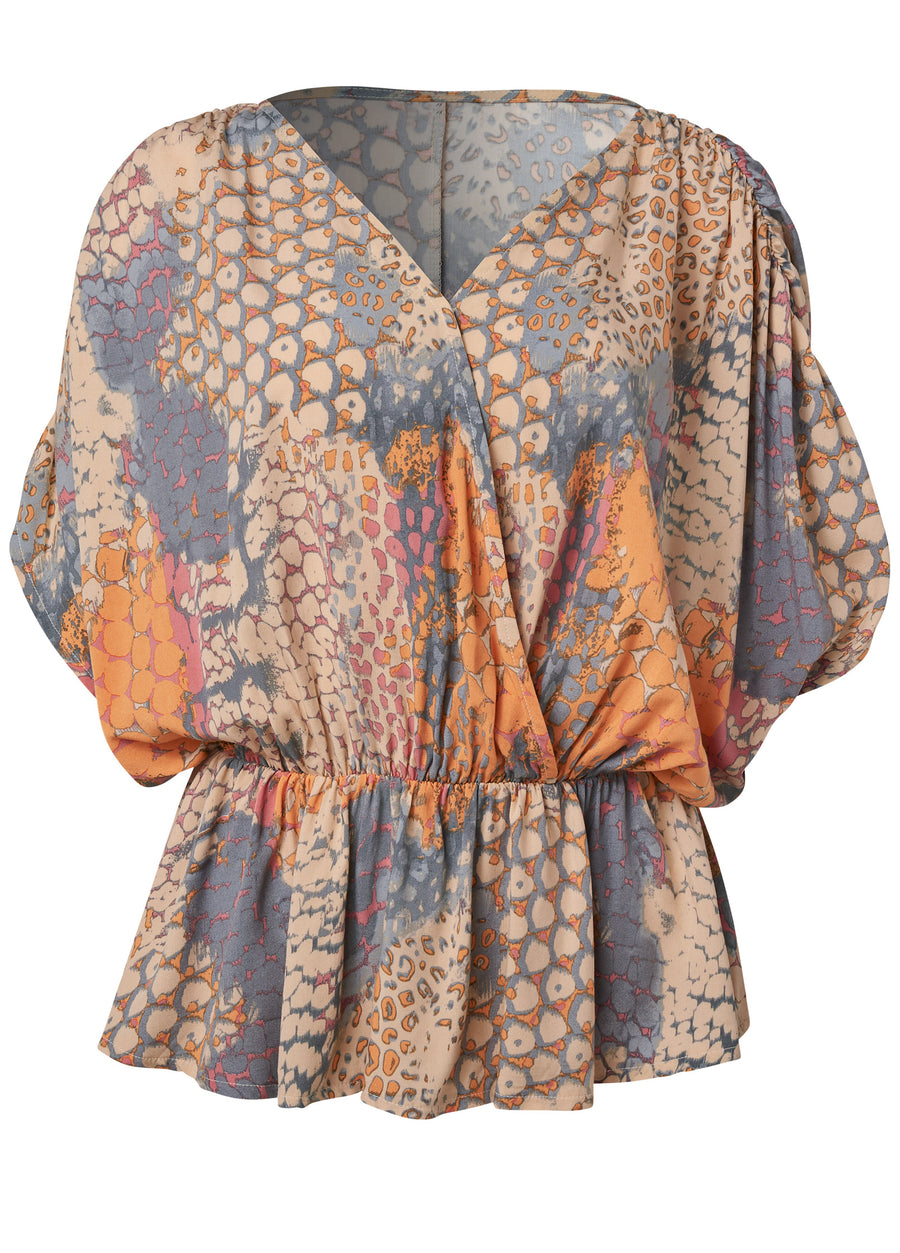 Printed Faux-Wrap Top - Orange Multi