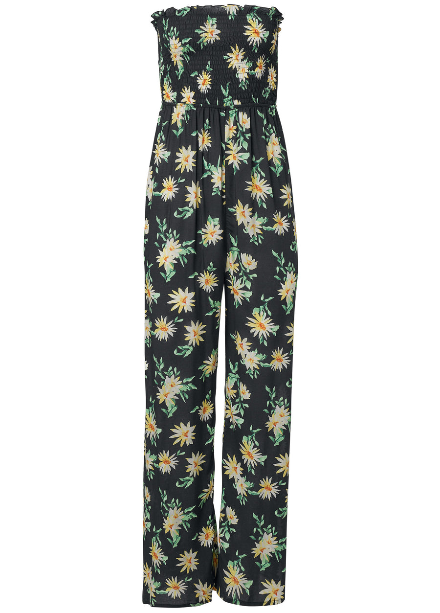 Floral Strapless Jumpsuit - Black & Yellow