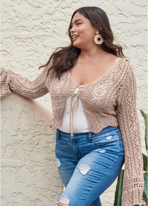 Tie Front Cropped Crochet Cardigan - Taupe - thumbnail-13