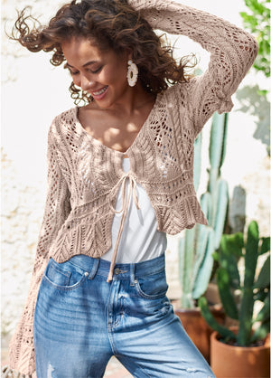 Tie Front Cropped Crochet Cardigan - Taupe - thumbnail-9