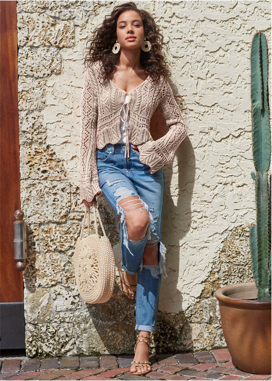 Tie Front Cropped Crochet Cardigan - Taupe