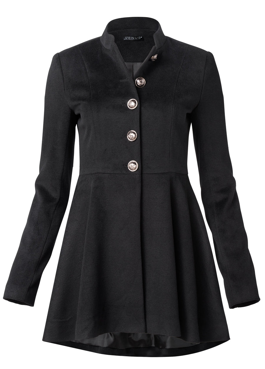 Faux Wool Peplum Peacoat - Black