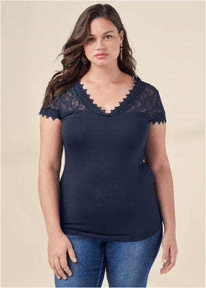 Lace detail tee - Navy - thumbnail-7