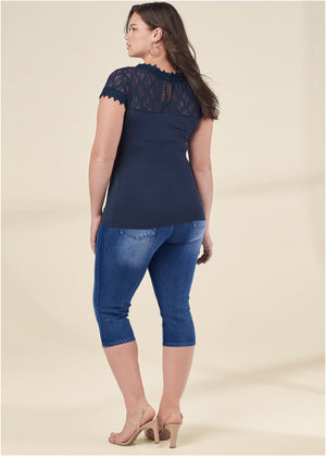 Lace Detail Tee - Navy - thumbnail-12