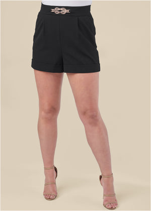 Pleated Cuffed Shorts With Gold Trim Piece - Black - thumbnail-12