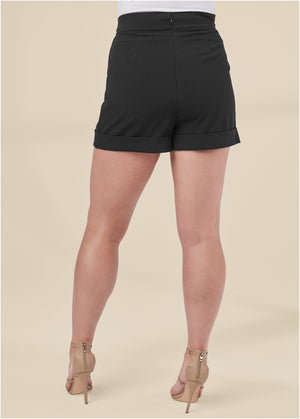 Pleated cuffed shorts with gold trim piece - Black - thumbnail-13