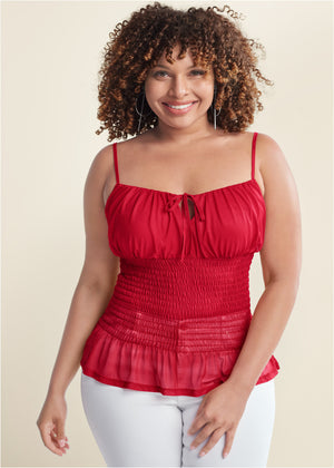 Smocked Mesh Top - Red - thumbnail-7