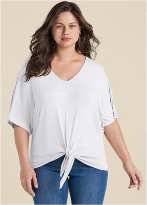 Knot Twist V-Neck Tee - White - thumbnail-7