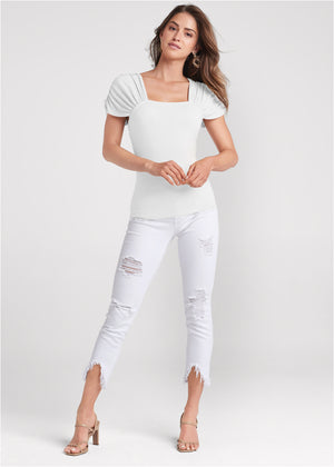 Ruched Sleeve Top - White - thumbnail-2