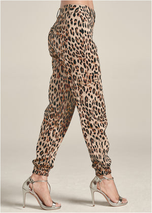 Faux Suede Leopard Print Cargo Pants - Brown Multi - thumbnail-4