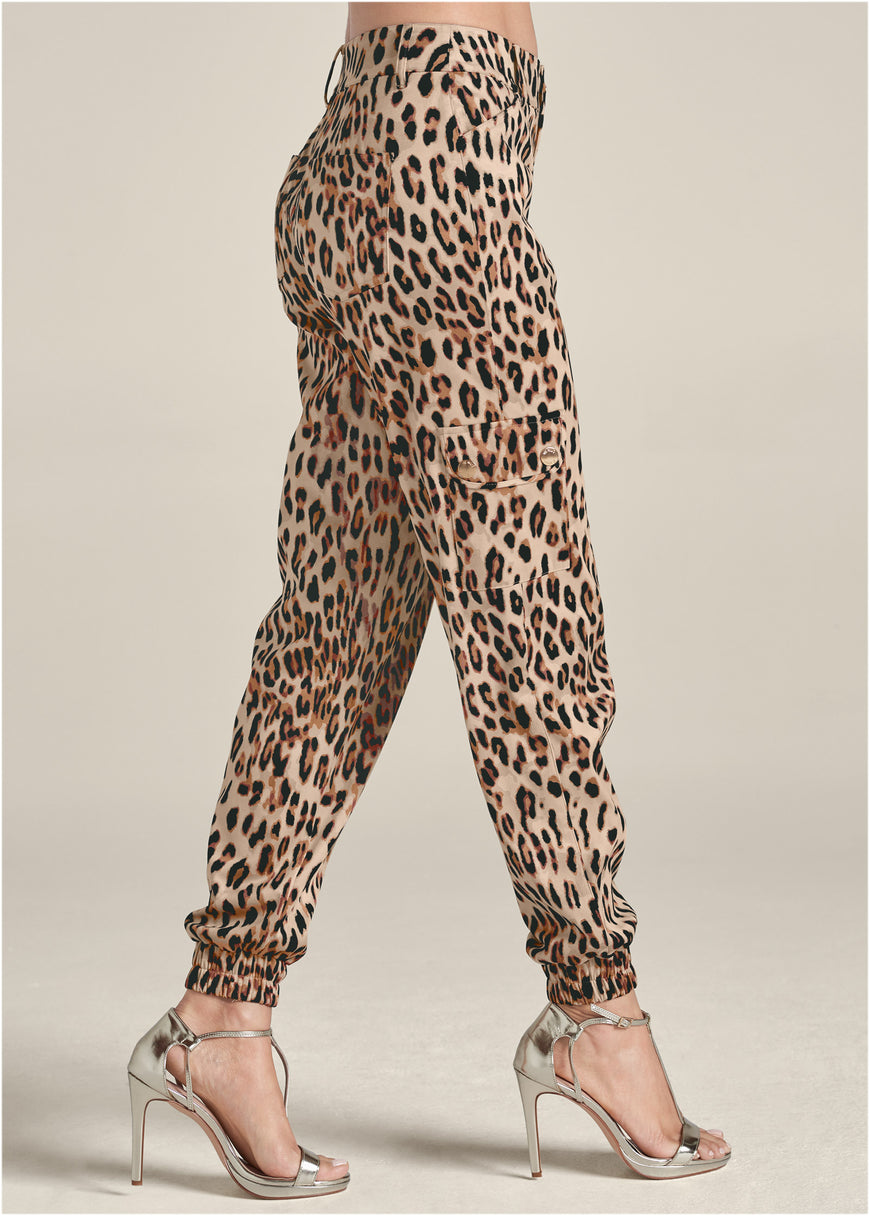 Faux Suede Leopard Print Cargo Pants - Brown Multi