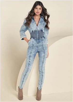 Acid Wash Smocked Jumpsuit - Cool Wash - thumbnail-1