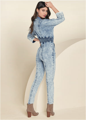 Acid Wash Smocked Jumpsuit - Cool Wash - thumbnail-2