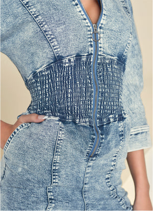 Acid Wash Smocked Jumpsuit - Cool Wash - thumbnail-3