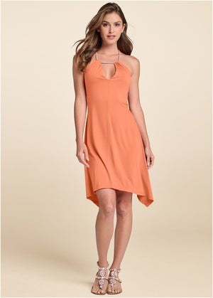 Keyhole Detail A-Line Dress - Orange - thumbnail-1