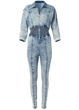 Acid Wash Smocked Jumpsuit - Cool Wash - thumbnail-5