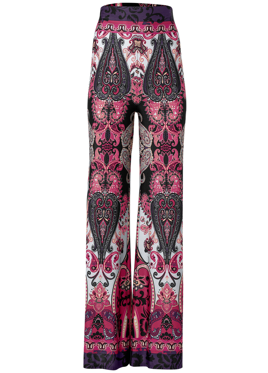 Wide Leg Paisley Print Pant - Pink Multi