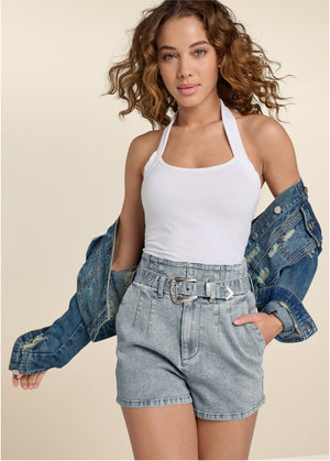 High Waist Belted Denim Shorts - Blue - thumbnail-8