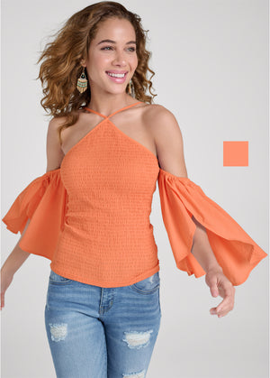 Smocked Fitted Top - Orange - thumbnail-1