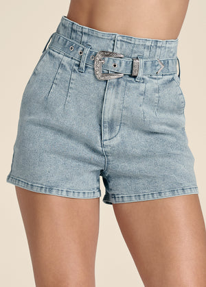 High Waist Belted Denim Shorts - Blue - thumbnail-5