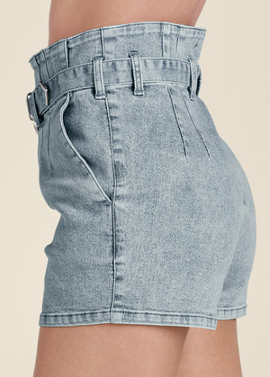 High Waist Belted Denim Shorts - Blue - thumbnail-6