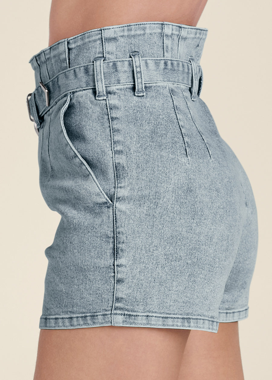 High Waist Belted Denim Shorts - Blue