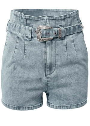 High Waist Belted Denim Shorts - Blue - thumbnail-7