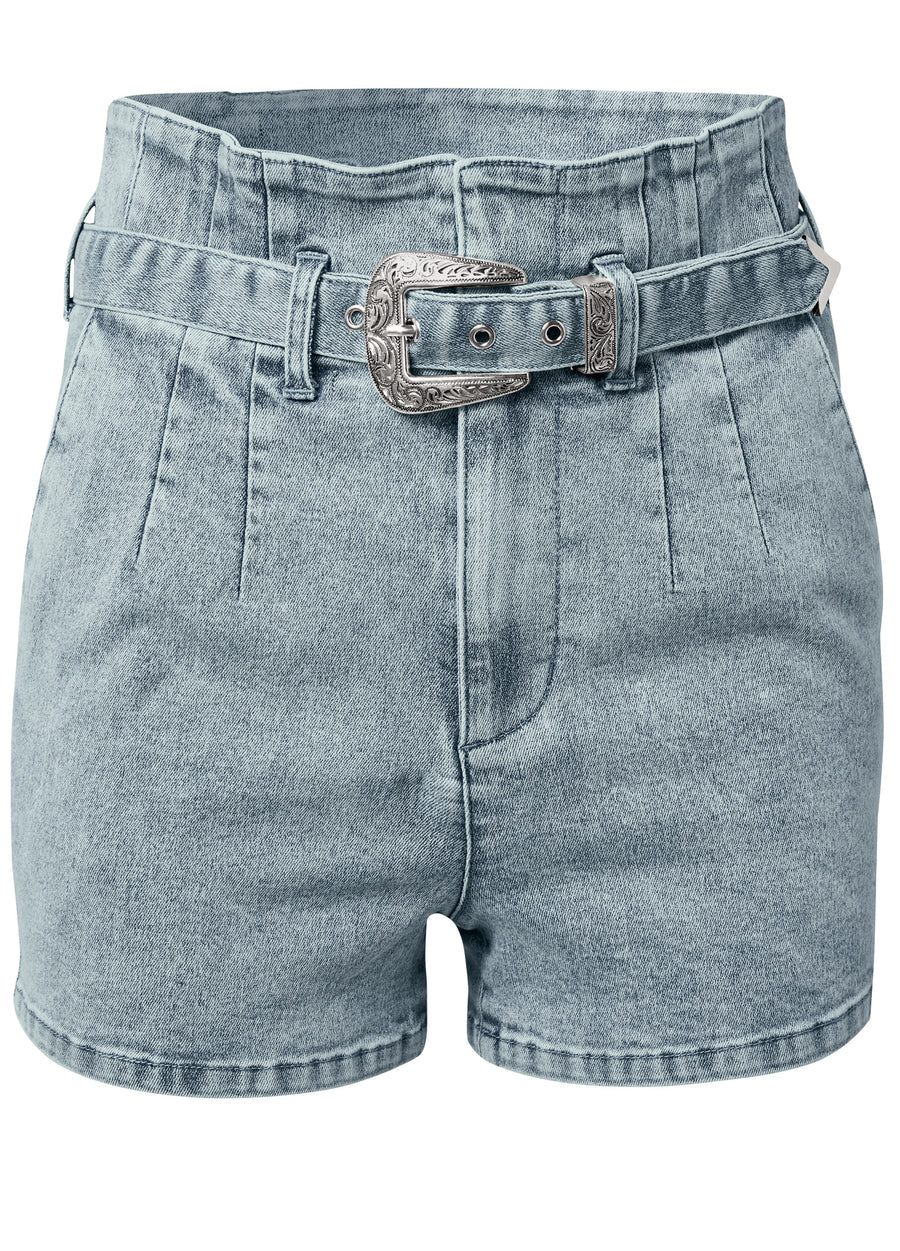 High Waist Belted Denim Shorts - Blue