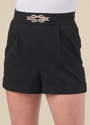 Pleated Cuffed Shorts With Gold Trim Piece - Black - thumbnail-15