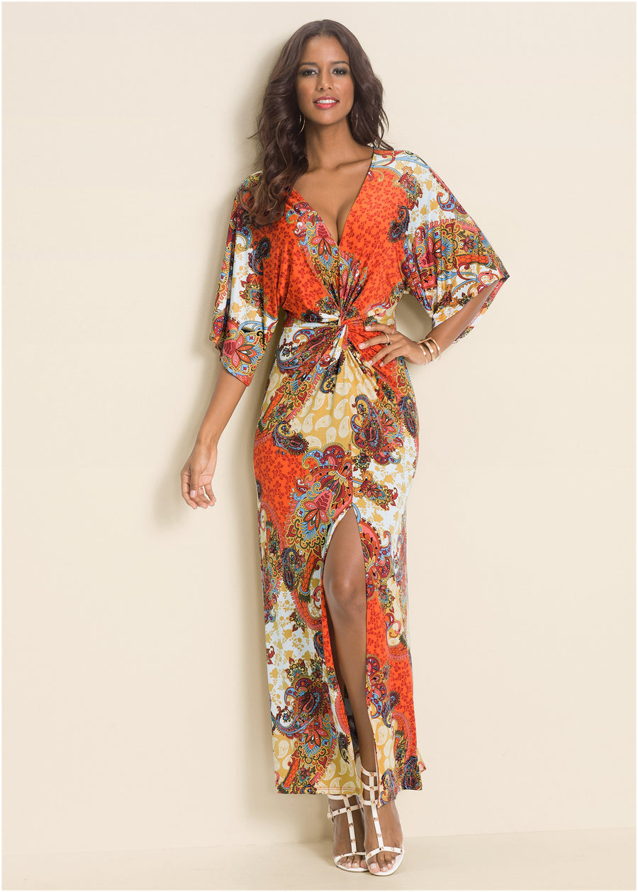 Robe longue torsadée sur le devant - Orange Multi