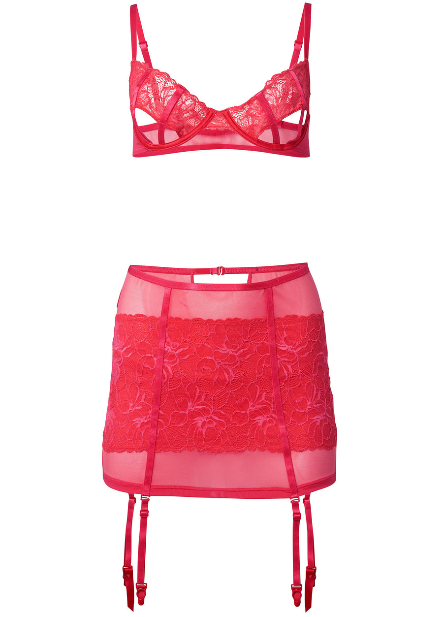 Open Cup Bra And Skirt Set - Dark Pink