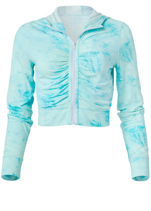 Zip-Front Ruched Hoodie - Aqua Reef & Pearl White - thumbnail-5