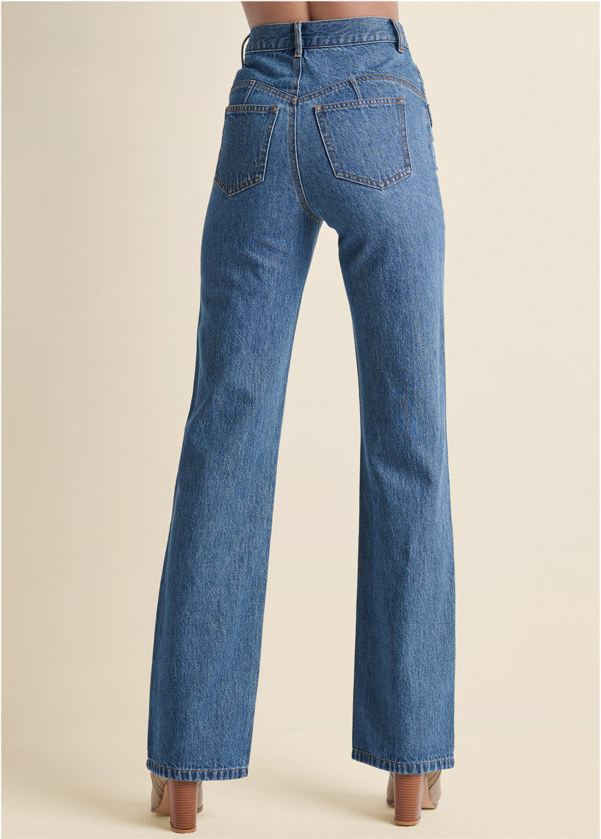 Button Fly Relaxed Leg Jeans - Medium Wash