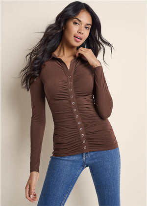 Snap Front Collared Top - Brown - thumbnail-1