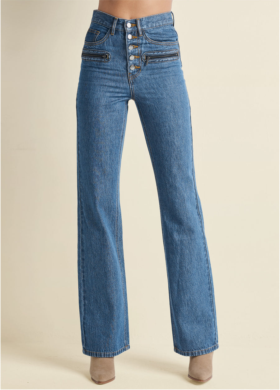 Button Fly Relaxed Leg Jeans - Medium Wash