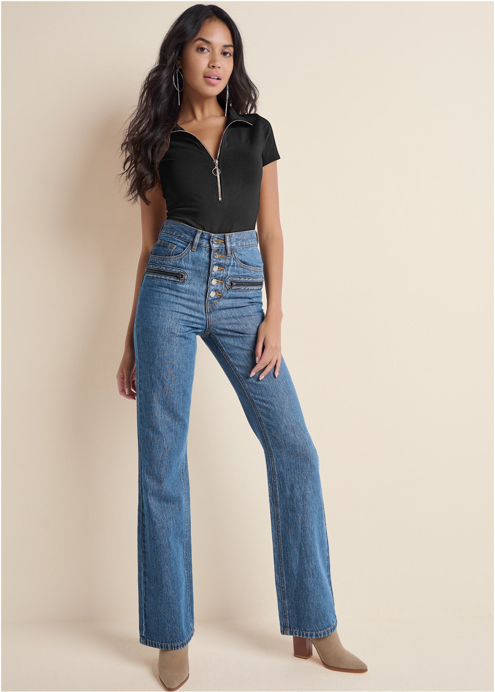 Button Fly Relaxed Leg Jeans - Medium Wash