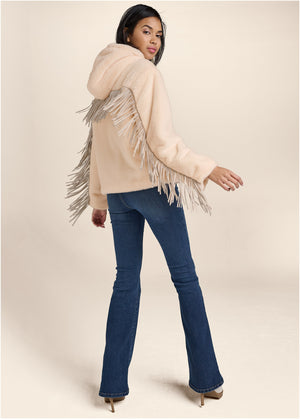 Faux Fur Bomber Jacket With Fringe Detail - White - thumbnail-3