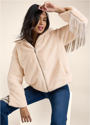 Faux Fur Bomber Jacket With Fringe Detail - White - thumbnail-2