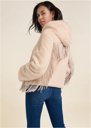 Faux Fur Bomber Jacket With Fringe Detail - White - thumbnail-1