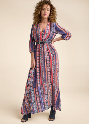 Printed Stripe Long Dress  - Orange Multi - thumbnail-1