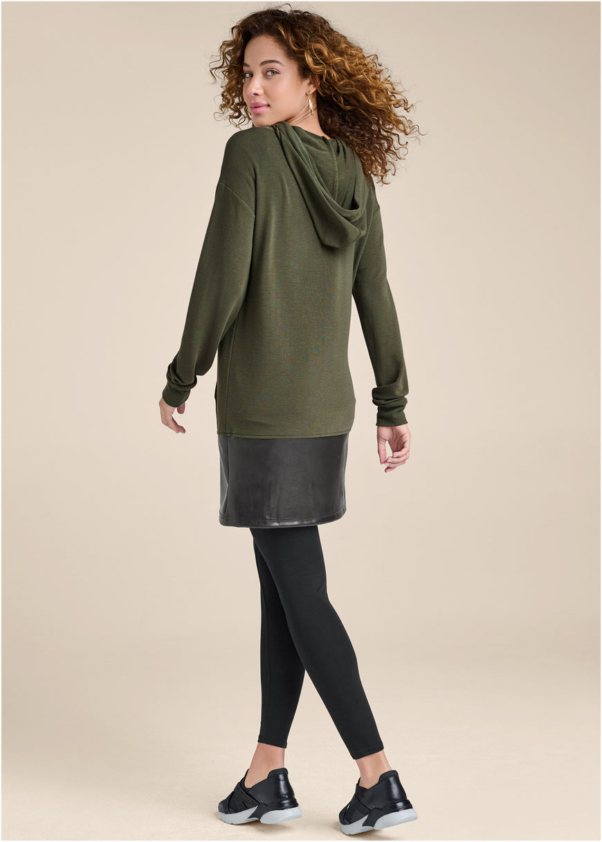 Faux-Leather Tunic Jacket - Olive & Black